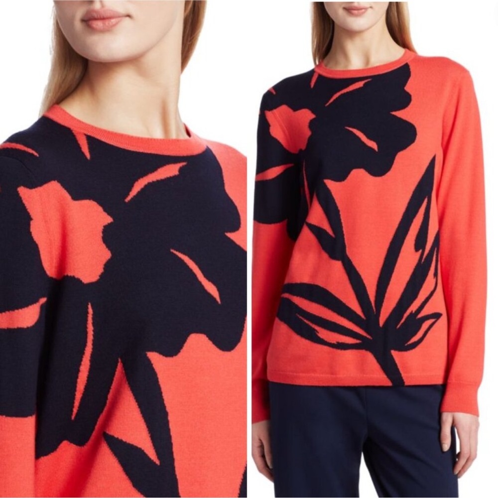 St. John Oversized Floral Intarsia Knit Wool Sweater In Apple Navy XL like NEW